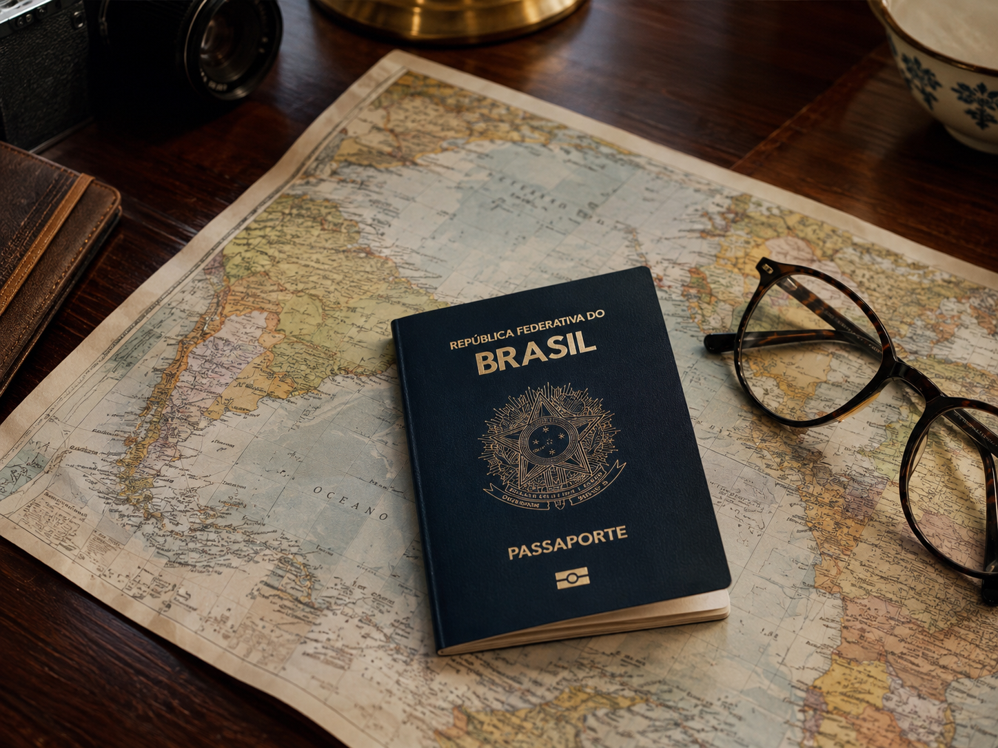 Passaporte e caderno de anotações sobre mesa iluminada